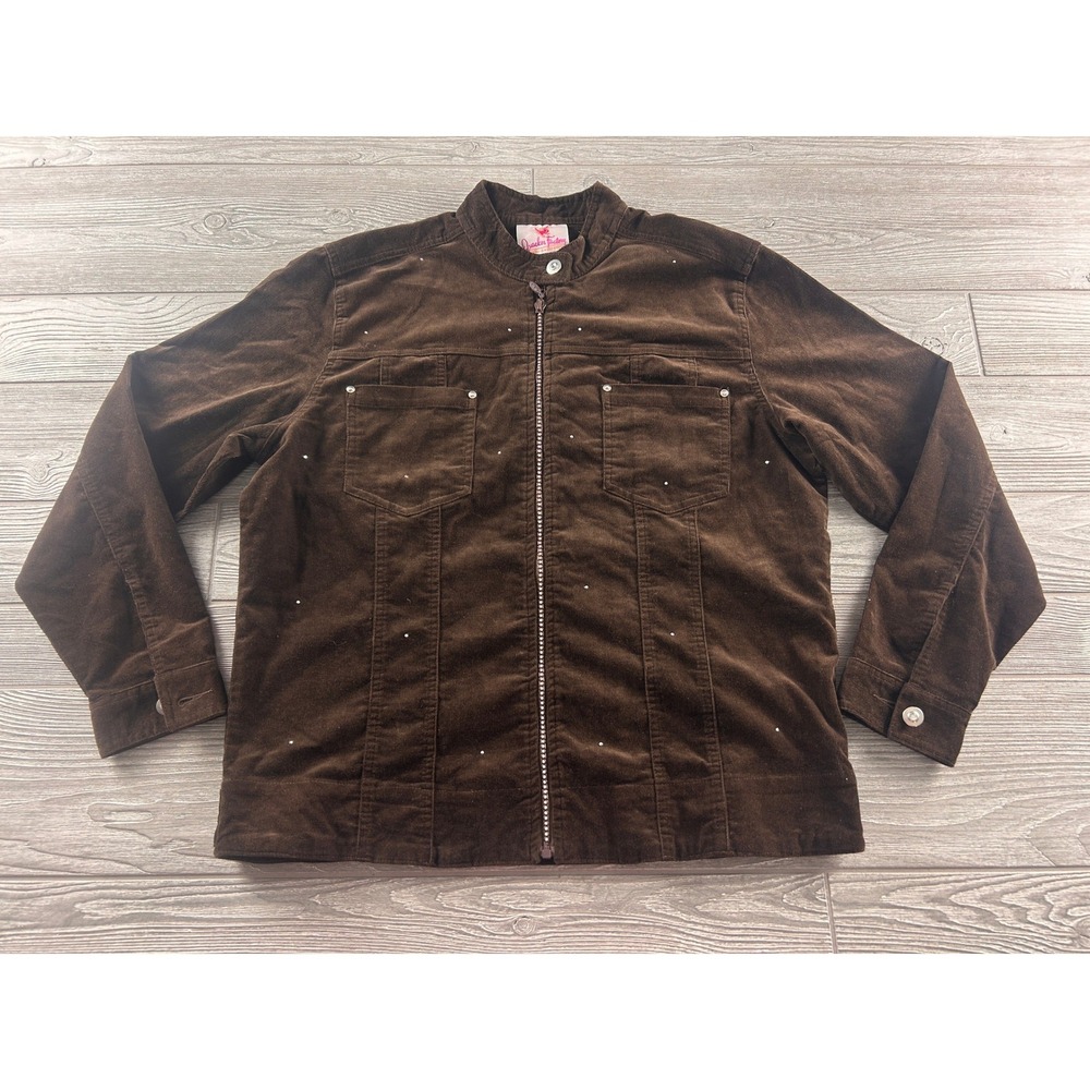 Quacker Factory Brown Corduroy Rhinestone Zip Front Jacket Womens Medium Trucker